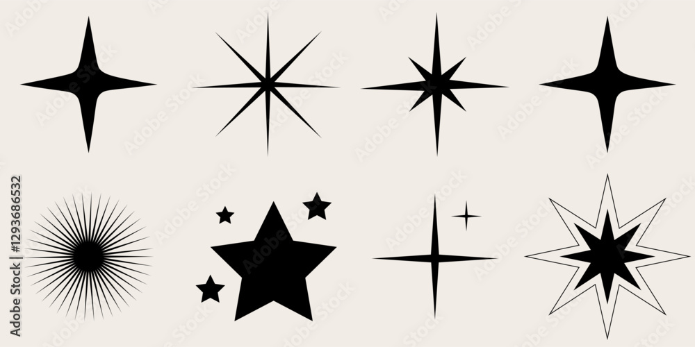 Set of blinking stars, sparks and sparkles. Shining twinkle sunburst shapes collection. Magic light flare pack for design template, poster, banner,