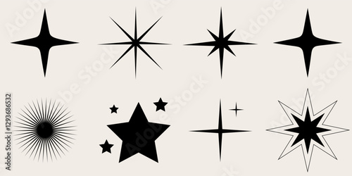 Set of blinking stars, sparks and sparkles. Shining twinkle sunburst shapes collection. Magic light flare pack for design template, poster, banner,