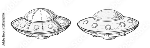 Hand-drawn retro vintage ufo sketch. Perfect for space-themed designs, prints, and digital projects.