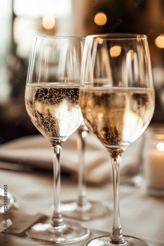 A pair of wine glasses sit on a table, ready for a toast A pair of wine glasses sit on a table, ready for a toast