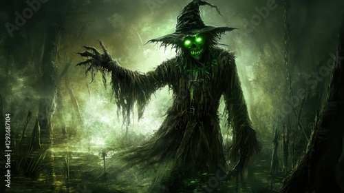 Sinister Scarecrow in Haunted Swamp with Glowing Eyes