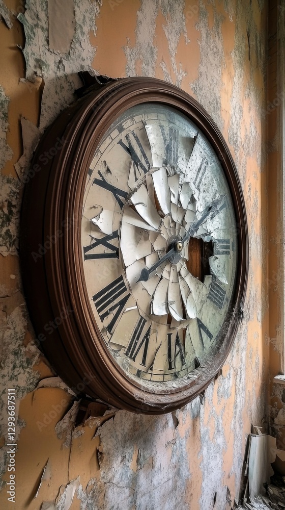 Fototapeta premium A massive wall clock with shattered glass, hanging in an abandoned room