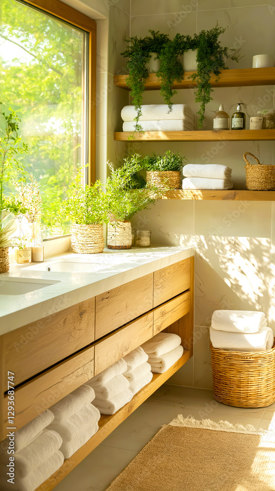 Biophilic design bathroom with white marble countertop, natural wooden shelving. Space is filled with sunlight streaming through large window, highlighting green plants, neatly stacked white towels Biophilic design bathroom with white marble countertop, natural wooden shelving. Space is filled with sunlight streaming through large window, highlighting green plants, neatly stacked white towels