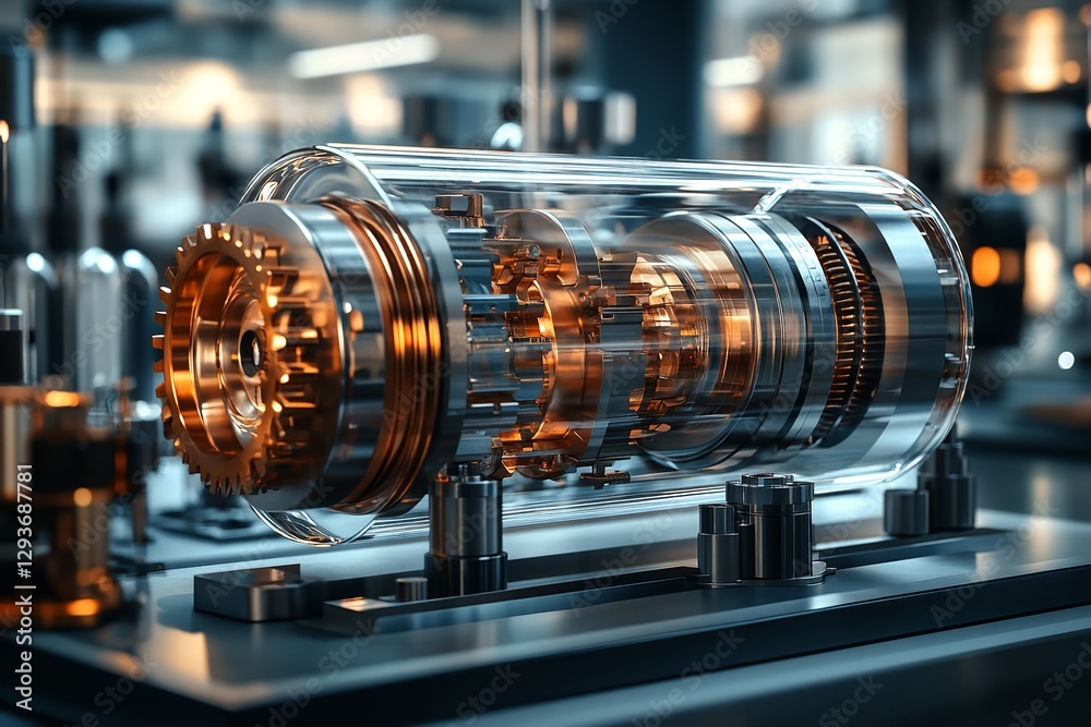 Futuristic Transparent Electric Motor Display with Copper Gears in a Laboratory Futuristic Transparent Electric Motor Display with Copper Gears in a Laboratory