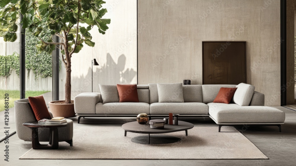 A warm living room with a sofa and coffee table, radiating comfort and relaxation.
