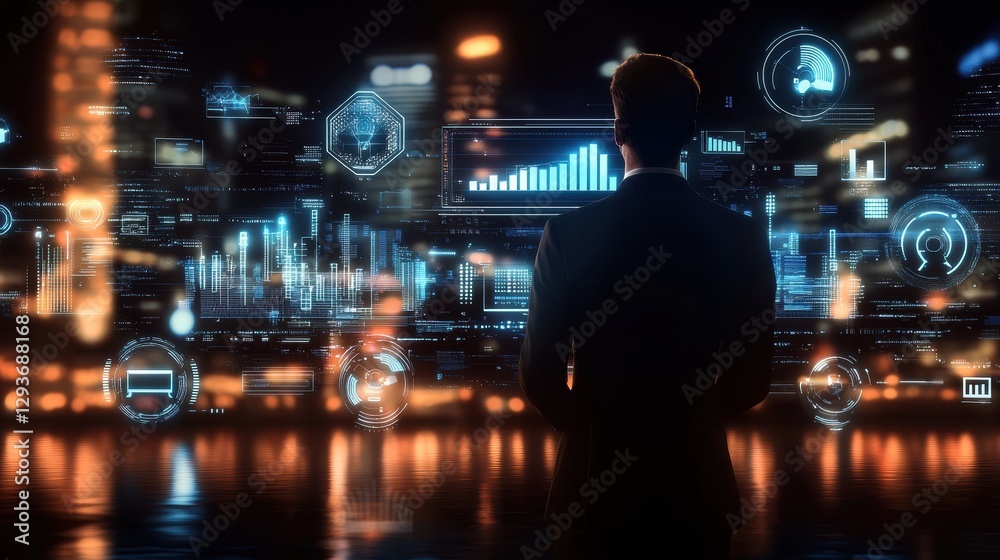 Futuristic data analytics dashboard interface with charts graphs and data visualizations displayed against a glowing city skyline at night Conceptual image representing technology finance Futuristic data analytics dashboard interface with charts graphs and data visualizations displayed against a glowing city skyline at night Conceptual image representing technology finance