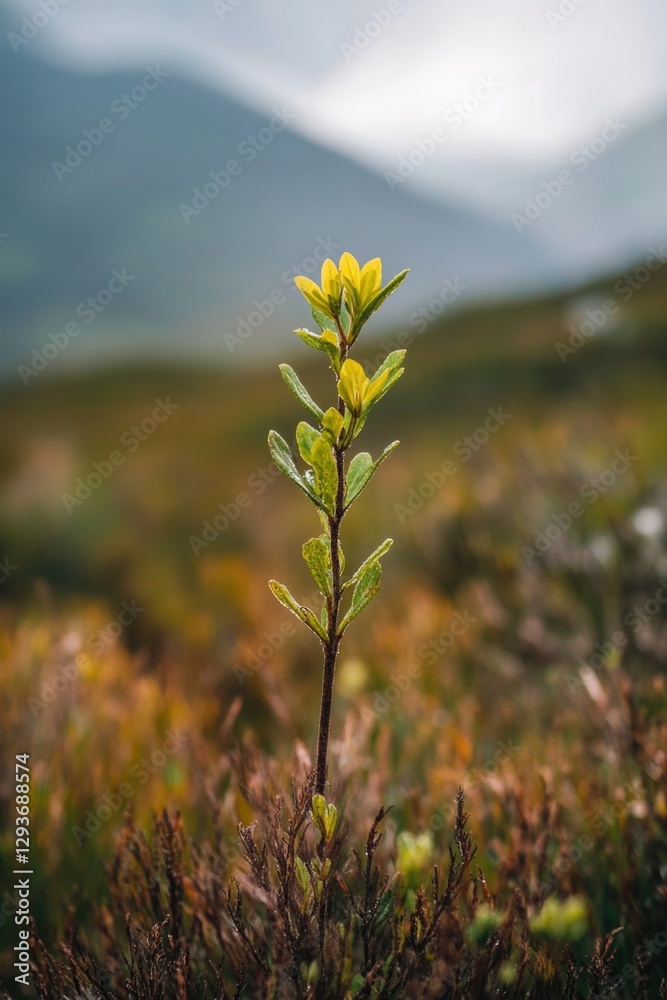 Obraz premium A single small yellow flower grows in the middle of a green field