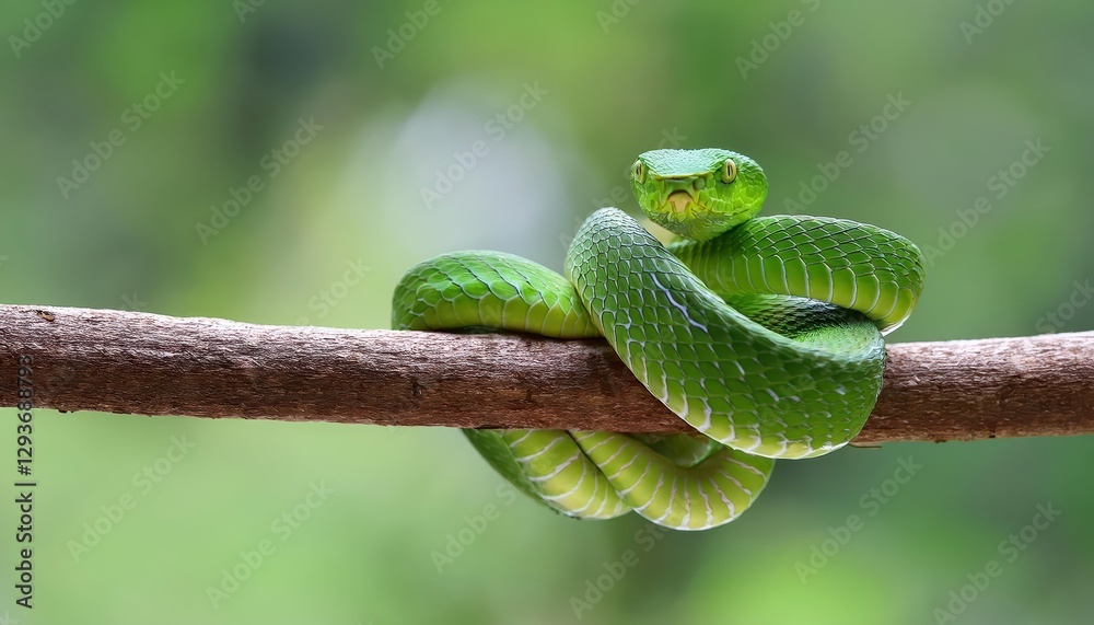 Fototapeta premium Striking Portrait of a Largeeyed, Vibrant Green Pitviper Snake in Southeast Asian Rainforest, Framed by Lush Greenery and Bamboo, Capturing the Beauty and Mystique of these Elusive Creatures.