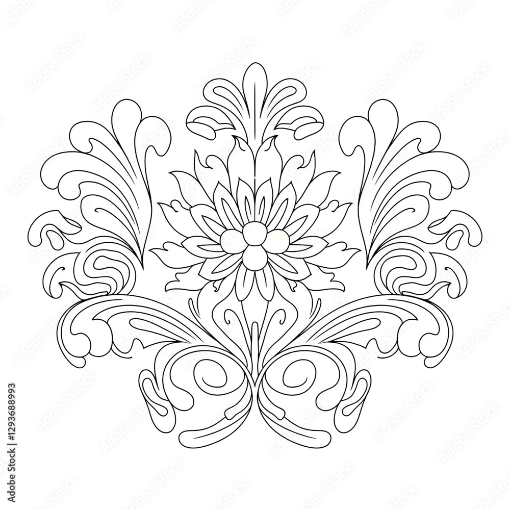 Intricate floral design with symmetrical swirls and detailed petals, isolated on transparent background PNG Intricate floral design with symmetrical swirls and detailed petals, isolated on transparent background PNG