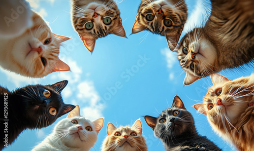 Cats looking down at camera in circle. Pet group portrait