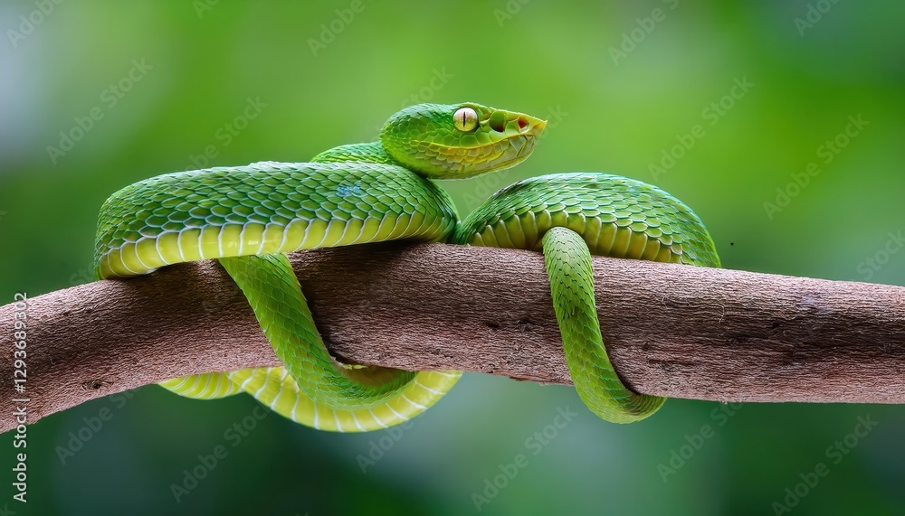Striking Largeeyed Pit Viper on Tree Branch Enchanting Green Snake Basking in Tropical Greenery, Showcasing Vivid Hues and Textures of Exotic Wildlife Striking Largeeyed Pit Viper on Tree Branch Enchanting Green Snake Basking in Tropical Greenery, Showcasing Vivid Hues and Textures of Exotic Wildlife