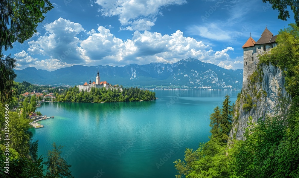 Obraz premium Stunning panoramic view of Lake Bled with castle and mountains in Slovenia