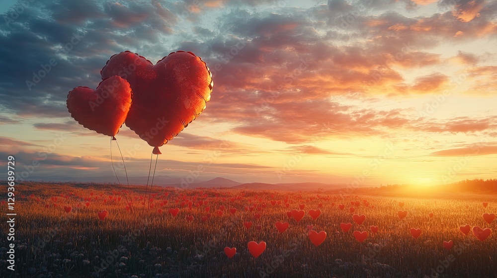 Obraz premium Heart-shaped balloons floating into the sunset, whimsical love scene 