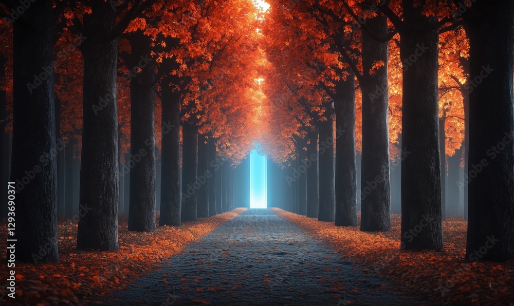 Fototapeta premium Mysterious pathway through autumn trees leading to bright light