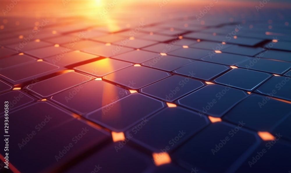 Obraz premium Solar panel array reflecting sunset light with vibrant colors and geometric patterns