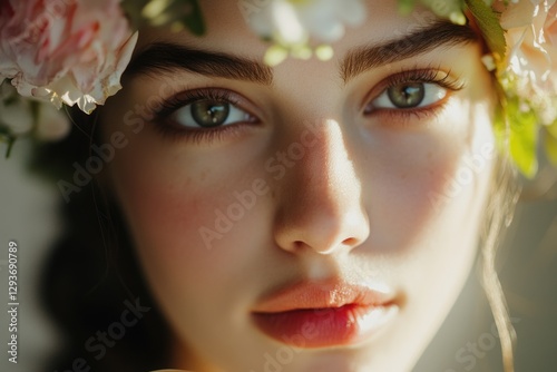 A woman wearing a beautiful flower crown on her head photo