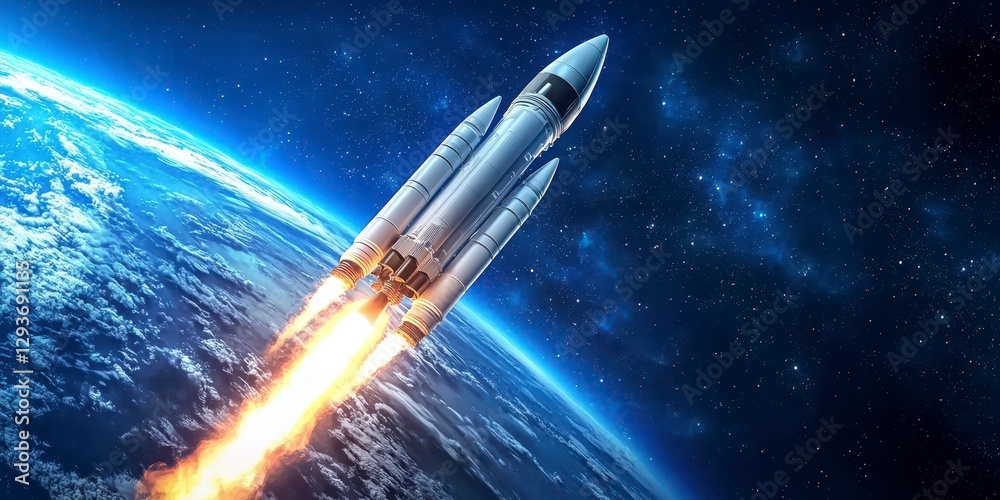Fototapeta premium Space rocket launching from laptop screen with earth in the background and blue sky