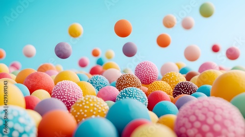 Vibrant colorful bouncing balls playful scene digital art cheerful environment top view fun concept for kids