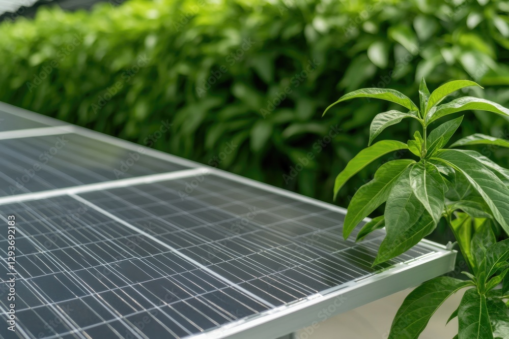 Fototapeta premium Solar panel connected to lush greenery, showcasing sustainable e