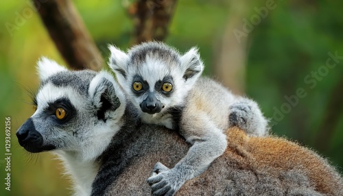 Lemur Catta Baby Riding on Mothers Back in lush Rainforest Habitat, CloseUp View of Adorable Infant and Attentive Mother Amidst Tropical Greenery and Sunlight Dapples, Capturing the Playful Bond
