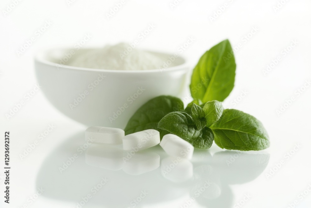 A white bowl containing white pills alongside a sprig of fresh basil A white bowl containing white pills alongside a sprig of fresh basil