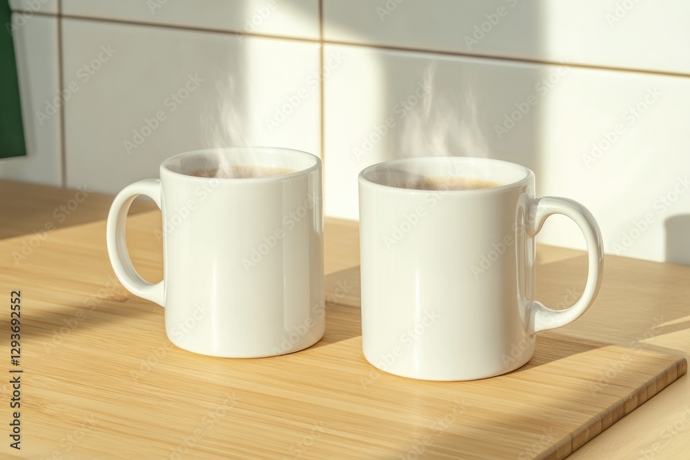 Two steaming mugs sit on wooden surface, illuminated by soft sun Two steaming mugs sit on wooden surface, illuminated by soft sun