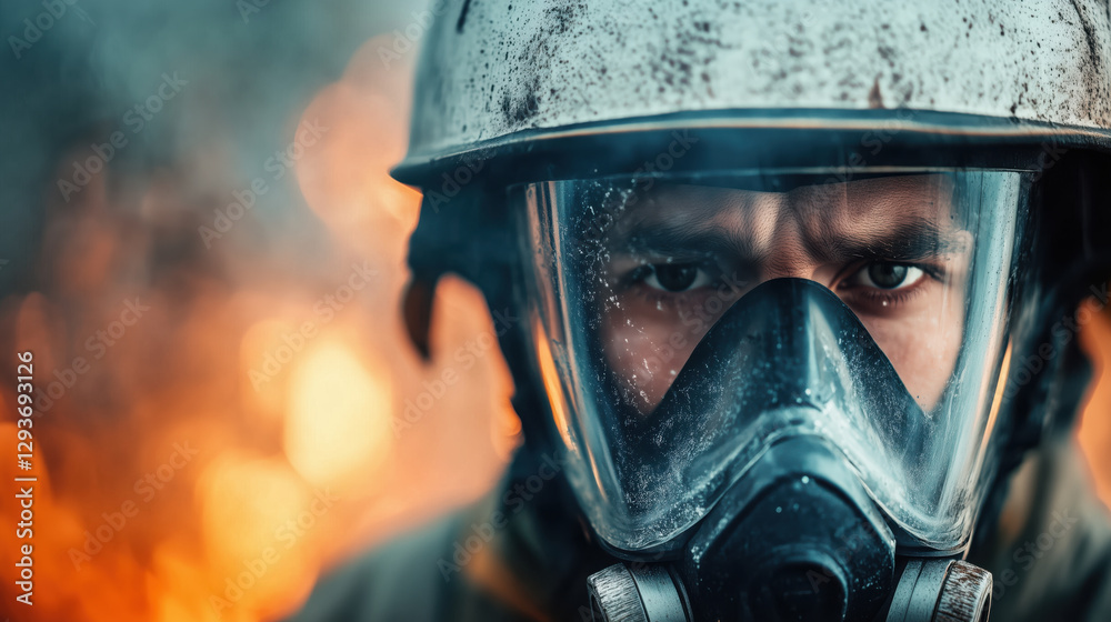 Fototapeta premium Man in protective mask against fire background. Emergency response