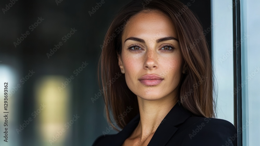 Fototapeta premium Confident professional woman standing by a glass window outdoors 
