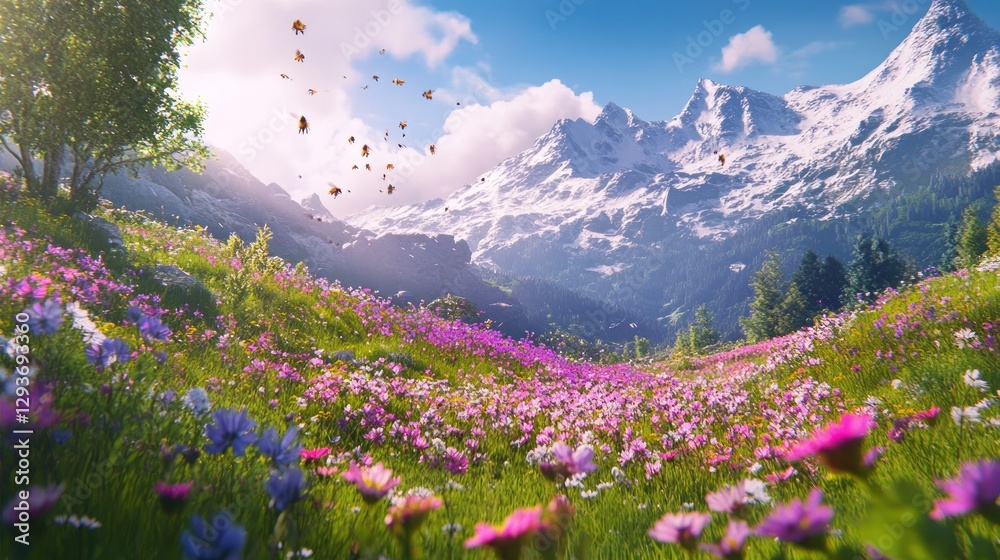 Obraz premium Alpine Meadow Springtime Bloom with Majestic Mountain backdrop