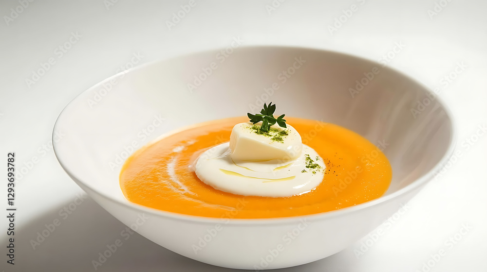 Creamy carrot soup in a white bowl, topped with a dollop of cream, fresh cheese, and parsley garnish. Culinary artistry at its finest! Creamy carrot soup in a white bowl, topped with a dollop of cream, fresh cheese, and parsley garnish. Culinary artistry at its finest!