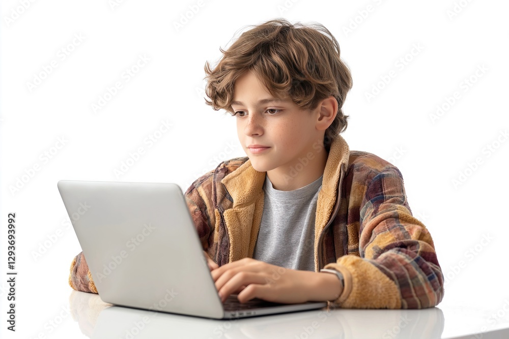 Portrait of a boy using a laptop computer isolated on white background. Portrait of a boy using a laptop computer isolated on white background.