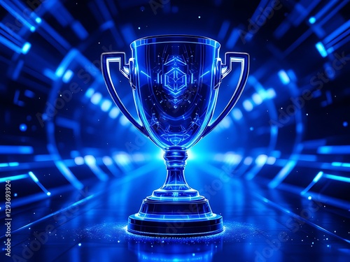 Futuristic Trophy Cup Victory Symbol of Achievement in Glowing Blue Digital Environment