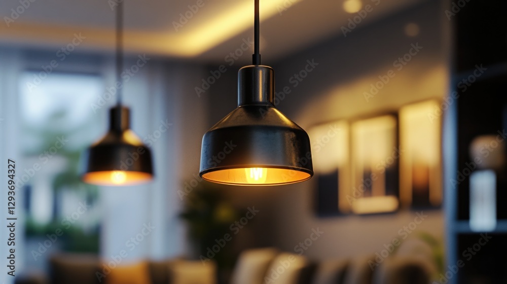 Obraz premium Close-up view of two pendant lights suspended from a ceiling