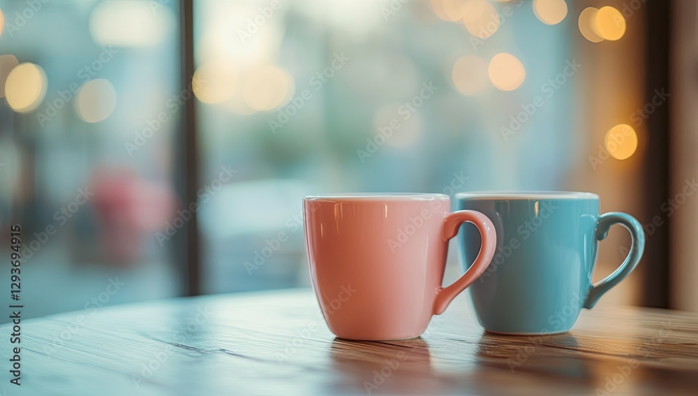 Fototapeta premium Two pastel coffee cups on wooden table cafe window