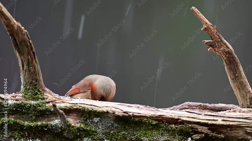 Female Cardinal finding food on a log