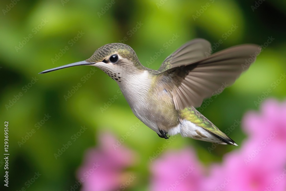 A hummingbird in mid-air with its wings fully extended, perfect for illustrating speed and agility