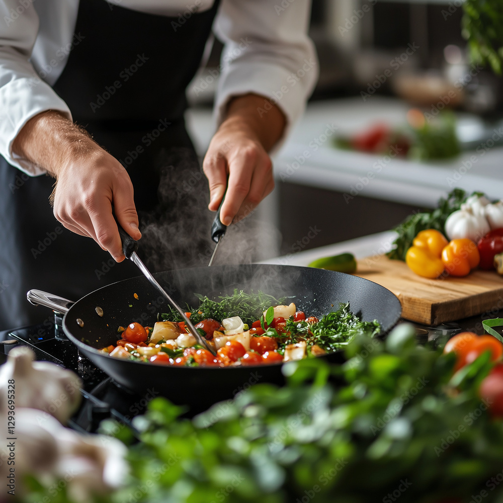 Professional chef preparing dish in kitchen Professional chef preparing dish in kitchen