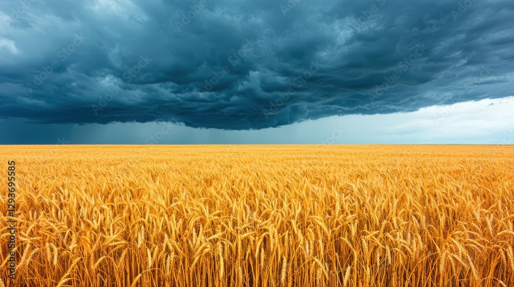 Naklejka premium A vast golden wheat field under a dramatic, cloudy sky, indicating an approaching storm.