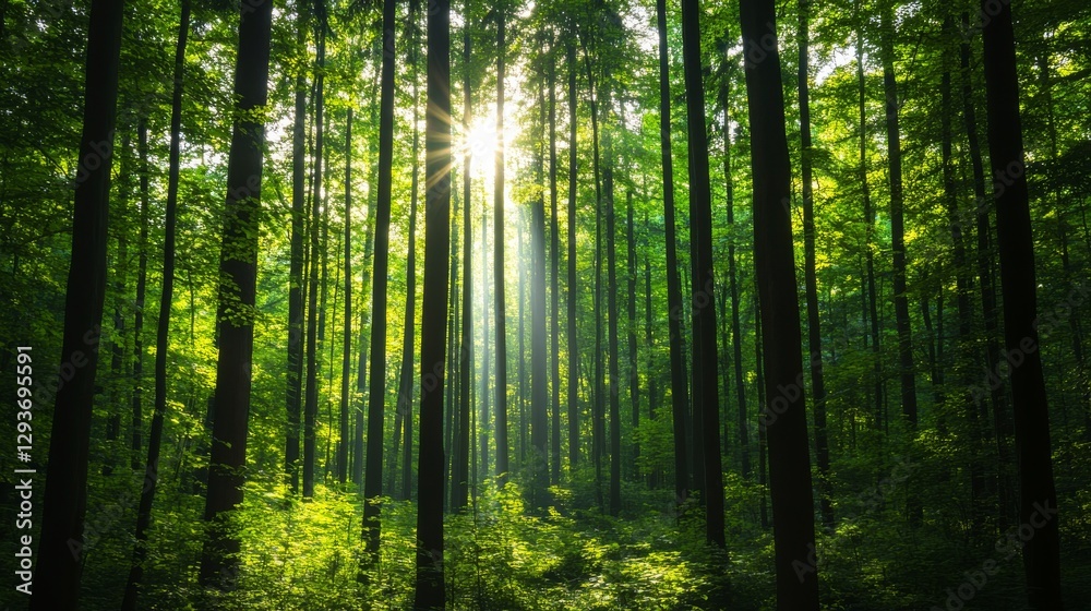 Naklejka premium Ethereal forest with dappled sunlight breaking through dense canopy, mystical glow, enchanted woodland scene.