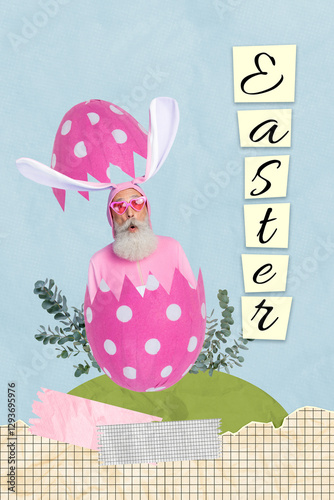 Vertical picture collage retired man grandfather rabbit costume outfit inside egg shell crack separated half easter tradition hunt photo