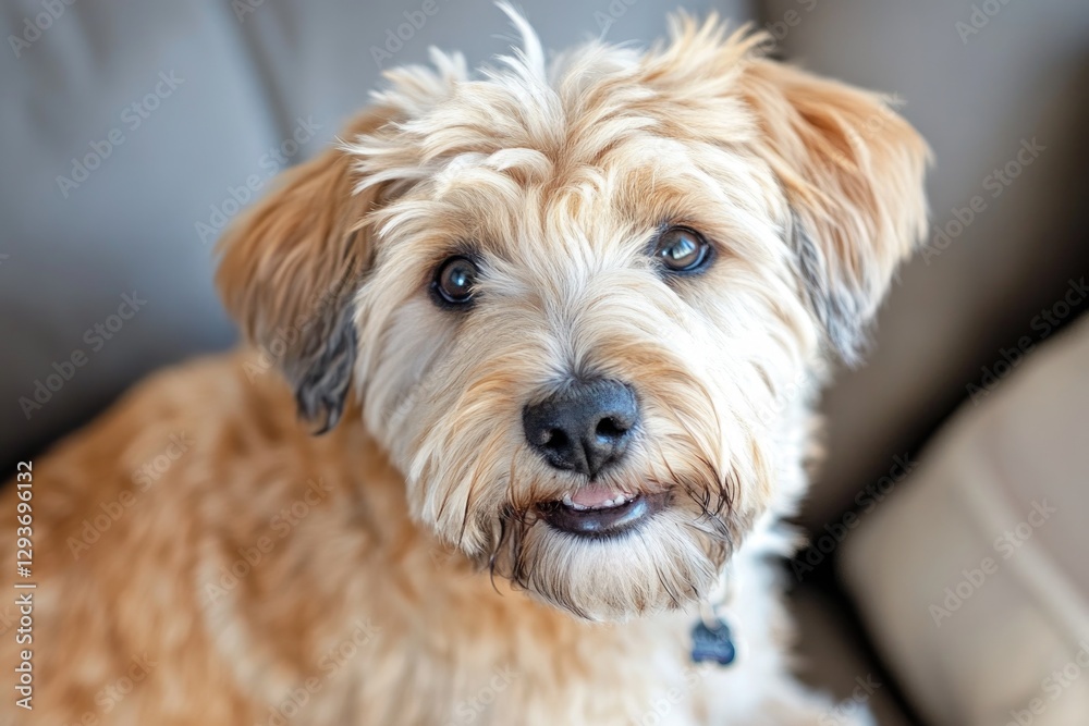 A dog is sitting on a couch, looking directly at the camera A dog is sitting on a couch, looking directly at the camera