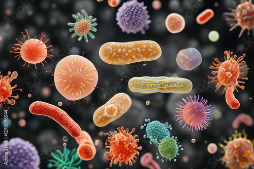 Microscopic organisms. Microbes, bacteria and viruses surround us everywhere, on a black background