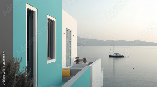 Relaxing coastal view from a balcony overlooking a calm sea and a sailboat during sunset hours in a serene location. Generative AI