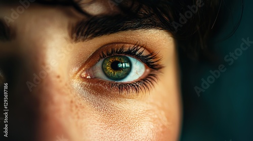 A close-up of a captivating green eye with detailed lashes and freckles, set against a soft, dark background.