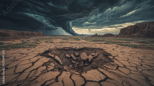 A dramatic landscape featuring cracked earth, a central depression, and ominous storm clouds swirling above, evoking themes of drought and nature's fury.