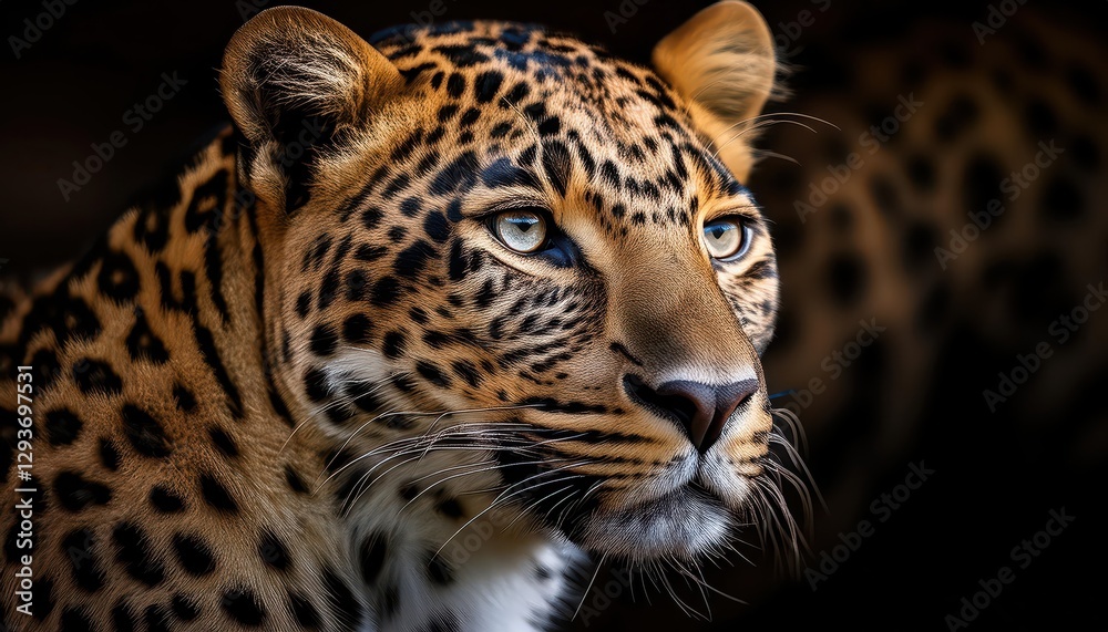 Obraz premium Leopard Portrait Majestic Spotted Cat in African Savannah at Dusk, Showcasing Vivid Colors and Textures with a Powerful Aura