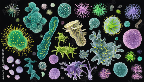 Microscopic organisms. Microbes, bacteria and viruses surround us everywhere, on a black background