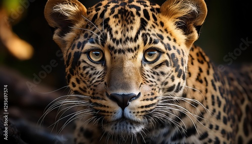 Leopard Portrait at Majestic Leopard in African Savannah Under Moonlight, Power and Grace Exude with Eyes Glowing in the Dark