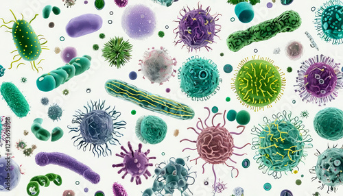 Microscopic Organisms. Microbes, bacteria and viruses are all around us in the air, On a white background