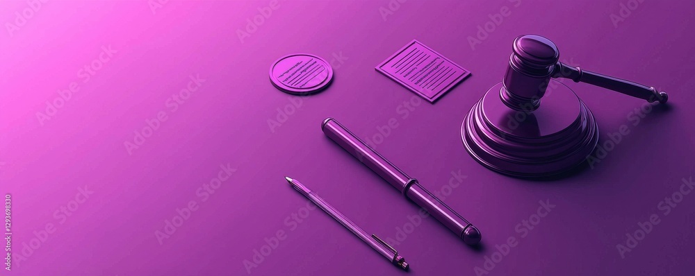 A gavel, pens, and a legal document are arranged on a purple surface, symbolizing law, justice, and legal proceedings.